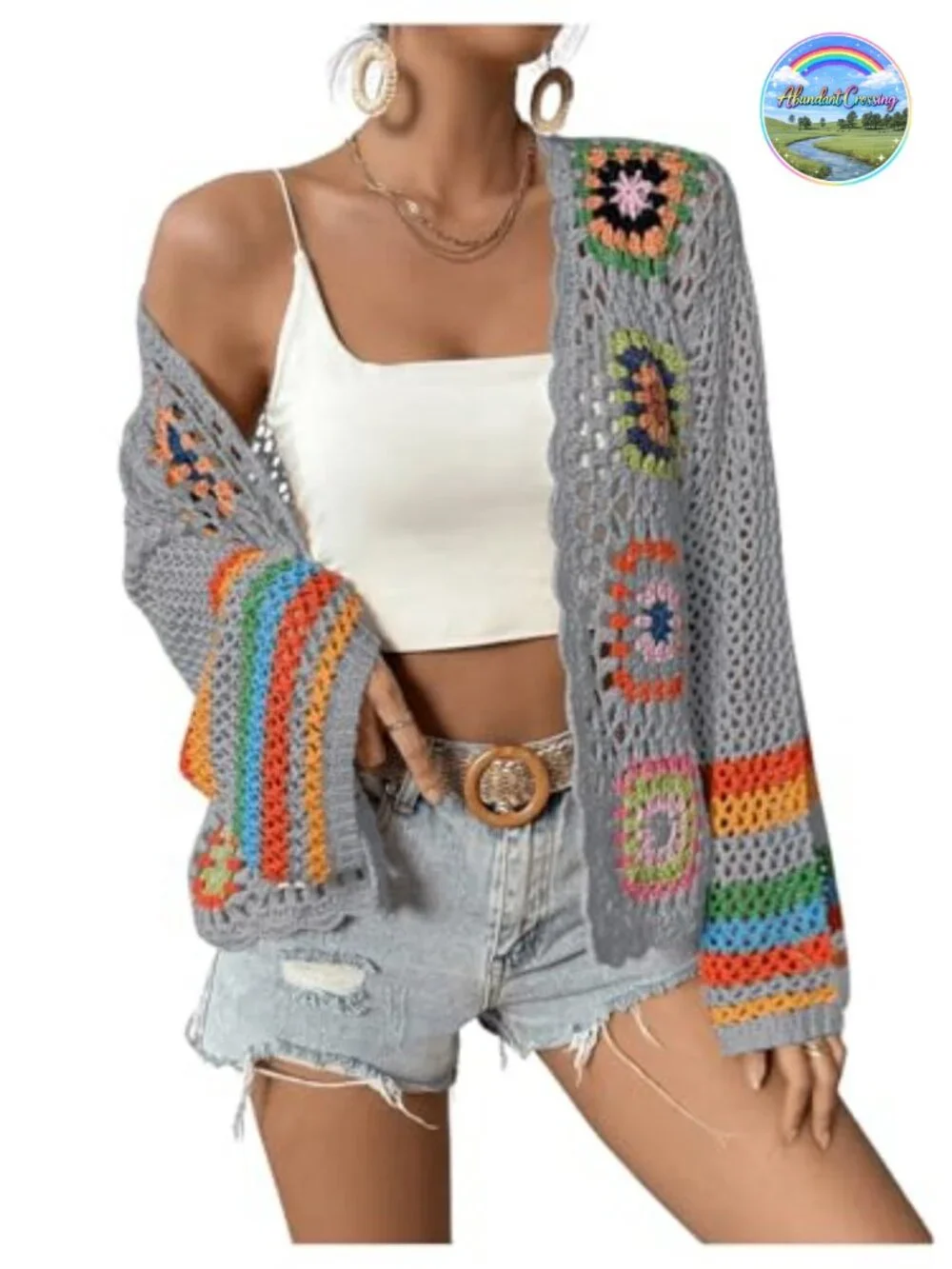 Floral Crochet Open Front Cardigan Sweater Long Sleeve Lightweight Casual